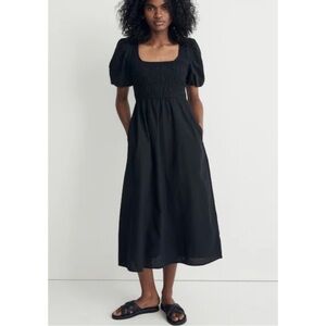 MADEWELL | Lucie Puff-Sleeve Textured Cotton Midi Dress in Black, Size 4